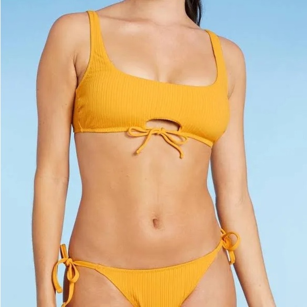 Keyhole Yellow Ribbed Bikini Set